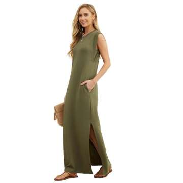 GRECERELLE Women's Summer Crew Neck Loose Split Casual Long Maxi Beach Dress with Pockets (Small, Ar...