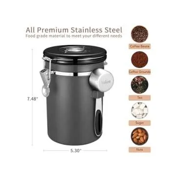 Veken Coffee Canister, Airtight Stainless Steel Kitchen Food Storage Container with Date Tracker and Scoop for Grounds Coffee, Beans, Tea, Flour, Cereal, Sugar, 22OZ, Gray