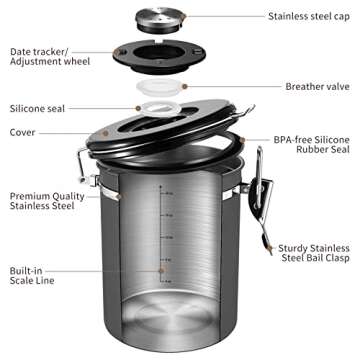 Veken Coffee Canister, Airtight Stainless Steel Kitchen Food Storage Container with Date Tracker and Scoop for Grounds Coffee, Beans, Tea, Flour, Cereal, Sugar, 22OZ, Gray