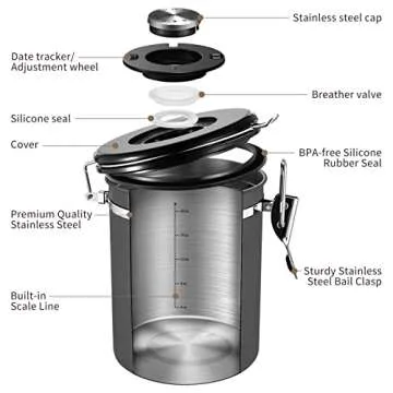 Veken Coffee Canister, Airtight Stainless Steel Kitchen Food Storage Container with Date Tracker and Scoop for Grounds Coffee, Beans, Tea, Flour, Cereal, Sugar, 22OZ, Gray
