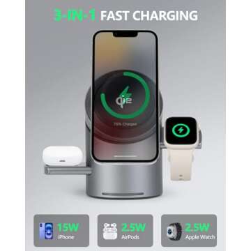 MOYiEAKAN 3 in 1 Auto Rotation Wireless Charging Station for Apple Devices, Mag-Safe Wireless Charging Stand, Qi2 15W Wireless Charging Station for iPhone 16, 15, 14, 13, 12 Series& AirPods& iWatch