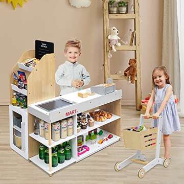 HONEY JOY Kids Grocery Store Playset, Wooden Grocery Store Pretend Play w/Cart, Cash Register Stand ...