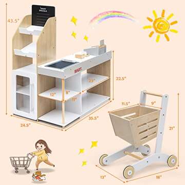HONEY JOY Kids Grocery Store Playset, Wooden Grocery Store Pretend Play w/Cart, Cash Register Stand w/Coins, Chalkboard, Toddler Supermarket Play Toy for Boys Girls(Play Food Not Included)