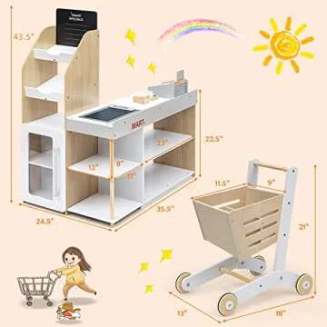 HONEY JOY Kids Grocery Store Playset, Wooden Grocery Store Pretend Play w/Cart, Cash Register Stand w/Coins, Chalkboard, Toddler Supermarket Play Toy for Boys Girls(Play Food Not Included)