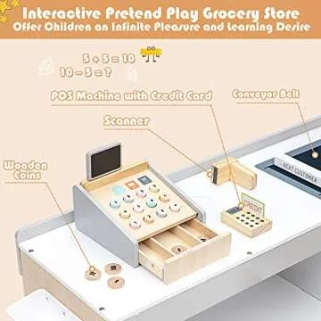 HONEY JOY Kids Grocery Store Playset, Wooden Grocery Store Pretend Play w/Cart, Cash Register Stand w/Coins, Chalkboard, Toddler Supermarket Play Toy for Boys Girls(Play Food Not Included)