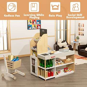 HONEY JOY Kids Grocery Store Playset, Wooden Grocery Store Pretend Play w/Cart, Cash Register Stand w/Coins, Chalkboard, Toddler Supermarket Play Toy for Boys Girls(Play Food Not Included)