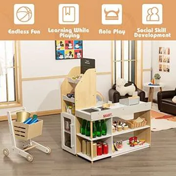 HONEY JOY Kids Grocery Store Playset, Wooden Grocery Store Pretend Play w/Cart, Cash Register Stand w/Coins, Chalkboard, Toddler Supermarket Play Toy for Boys Girls(Play Food Not Included)