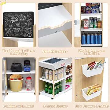 HONEY JOY Kids Grocery Store Playset, Wooden Grocery Store Pretend Play w/Cart, Cash Register Stand w/Coins, Chalkboard, Toddler Supermarket Play Toy for Boys Girls(Play Food Not Included)