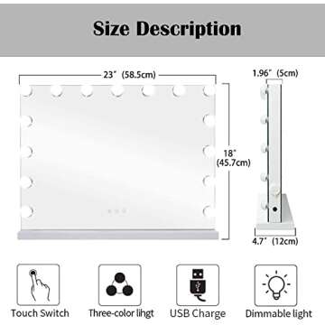 Zdorzi Vanity Mirror with Lights,Large Hollywood Lighted Makeup Mirror with 15 Dimmable LED Bulbs,3 Color Modes,Touch Control,10X Magnification for Bedroom,Tabletop or Wall-Mounted(23in)
