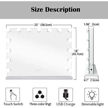 Zdorzi Vanity Mirror with Lights,Large Hollywood Lighted Makeup Mirror with 15 Dimmable LED Bulbs,3 Color Modes,Touch Control,10X Magnification for Bedroom,Tabletop or Wall-Mounted(23in)