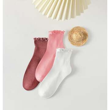 AniKigu 6 Pairs Ruffle Socks for Women Girls,Casual Cute Ankle Socks Breathable Knit Cotton Warm Soft Frilly Crew Socks(White+Pink+Red)