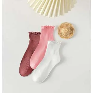 AniKigu 6 Pairs Ruffle Socks for Women Girls,Casual Cute Ankle Socks Breathable Knit Cotton Warm Soft Frilly Crew Socks(White+Pink+Red)