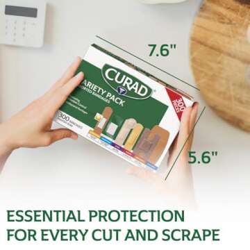 CURAD Assorted Bandages Variety Pack, 6 Styles Including Antibacterial, Waterproof, Sheer, Plastic, Heavy Duty & Flex-Fabric, Protects Scrapes, Cuts & Burns, Latex-Free, 300 Count