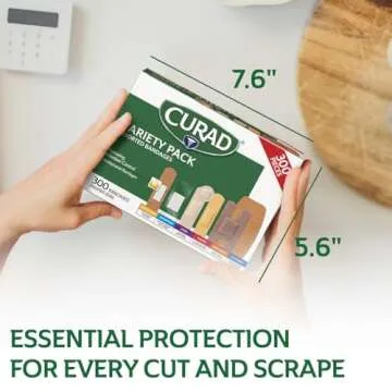 CURAD Assorted Bandages Variety Pack, 6 Styles Including Antibacterial, Waterproof, Sheer, Plastic, Heavy Duty & Flex-Fabric, Protects Scrapes, Cuts & Burns, Latex-Free, 300 Count