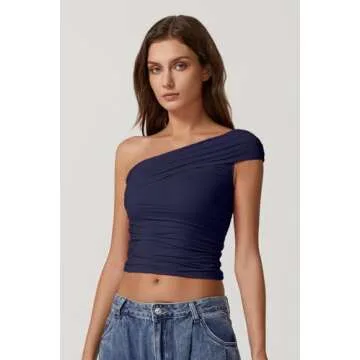 QINSEN Women T Shirt Trendy Double Lined Off Shoulder Tops Slim Fitted Summer Crop Top Navy Blue Blue S
