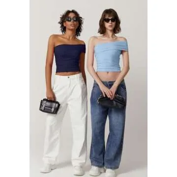 QINSEN Women T Shirt Trendy Double Lined Off Shoulder Tops Slim Fitted Summer Crop Top Navy Blue Blue S