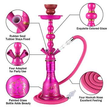 20" Hookah set - 2 Hose Premium Shisha Hookah Kit with Glass Vase, Ceramic Bowl and Coal Tongs Ashtray (4 Hose Purple Pink)