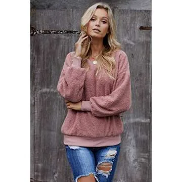 PRETTYGARDEN Women's Casual Long Sleeve Round Neck Solid Color Sherpa Pullover Sweatshirt Fuzzy Fleece Coat Tops Pink