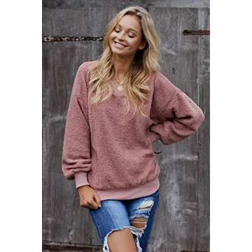 PRETTYGARDEN Women's Casual Long Sleeve Round Neck Solid Color Sherpa Pullover Sweatshirt Fuzzy Fleece Coat Tops Pink