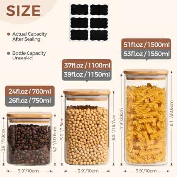 ComSaf Airtight Glass Storage Canister with Lids (24oz/37oz/51oz) Set of 6, Clear Food Storage Conta...
