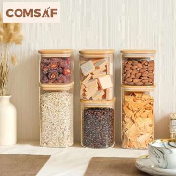 ComSaf Airtight Glass Storage Canister with Lids (24oz/37oz/51oz) Set of 6, Clear Food Storage Container Kitchen Pantry Storage Jar, Glass Jars for Flour Cereal Sugar Tea Coffee Beans Snacks, Square