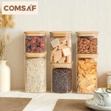 ComSaf Airtight Glass Storage Canister with Lids (24oz/37oz/51oz) Set of 6, Clear Food Storage Container Kitchen Pantry Storage Jar, Glass Jars for Flour Cereal Sugar Tea Coffee Beans Snacks, Square