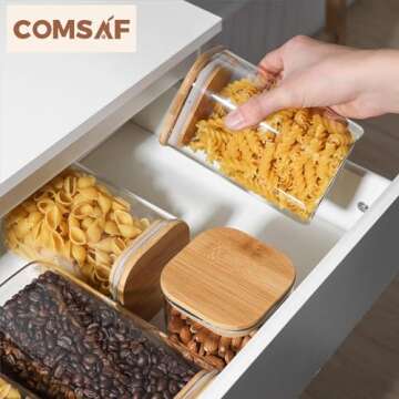 ComSaf Airtight Glass Storage Canister with Lids (24oz/37oz/51oz) Set of 6, Clear Food Storage Container Kitchen Pantry Storage Jar, Glass Jars for Flour Cereal Sugar Tea Coffee Beans Snacks, Square