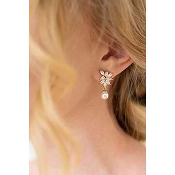 SWEETV Rose Gold Cubic Zirconia Pearl Wedding Bridal Earrings for Brides Bridesmaids, Pearl Drop Ear...