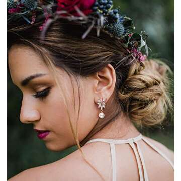 SWEETV Rose Gold Cubic Zirconia Pearl Wedding Bridal Earrings for Brides Bridesmaids, Pearl Drop Earrings for Women Prom Jewelry Gifts