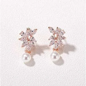 SWEETV Rose Gold Cubic Zirconia Pearl Wedding Bridal Earrings for Brides Bridesmaids, Pearl Drop Earrings for Women Prom Jewelry Gifts