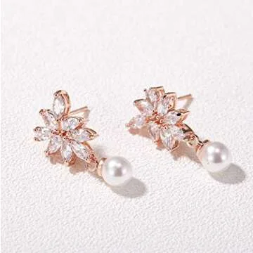 SWEETV Rose Gold Cubic Zirconia Pearl Wedding Bridal Earrings for Brides Bridesmaids, Pearl Drop Earrings for Women Prom Jewelry Gifts