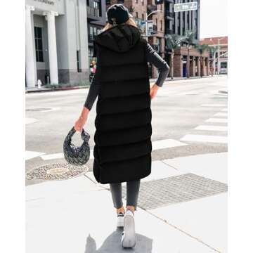 BTFBM Long Puffer Vest Women Quilted Hooded Button Down Zip Up Sleeveless Vests Outerwear Padded Jacket Fall Winter Coat(Black, Large)