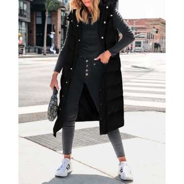 BTFBM Long Puffer Vest Women Quilted Hooded Button Down Zip Up Sleeveless Vests Outerwear Padded Jacket Fall Winter Coat(Black, Large)