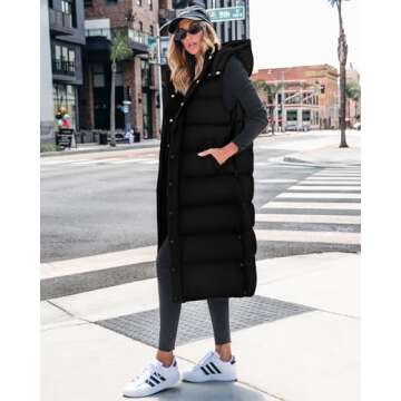 BTFBM Long Puffer Vest Women Quilted Hooded Button Down Zip Up Sleeveless Vests Outerwear Padded Jacket Fall Winter Coat(Black, Large)