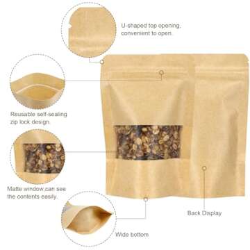 Blisstime Stand Up Pouch Bags, 100 Pack Kraft Paper Zip Lock Bags with Matte Window and Tear Notch Resealable Bags for Small Business Home Use (5.5 X 7.9 Inches)