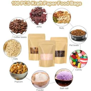 Blisstime Stand Up Pouch Bags, 100 Pack Kraft Paper Zip Lock Bags with Matte Window and Tear Notch Resealable Bags for Small Business Home Use (5.5 X 7.9 Inches)