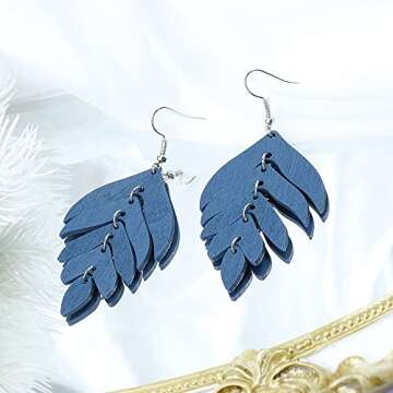 Nature Wooden Leaf Drop Dangle Earrings Wood Palm Leaves for Women Handmade Lightweight Bohemian Summer Tropical Plant Ethnic Jewelry-Green