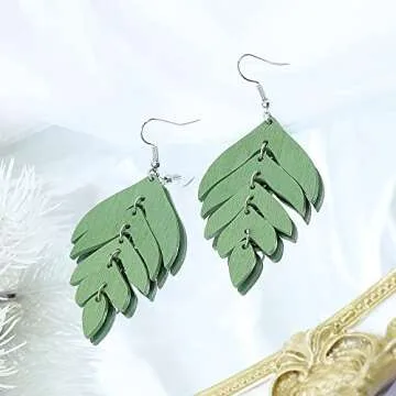 Nature Wooden Leaf Drop Dangle Earrings Wood Palm Leaves for Women Handmade Lightweight Bohemian Summer Tropical Plant Ethnic Jewelry-Green