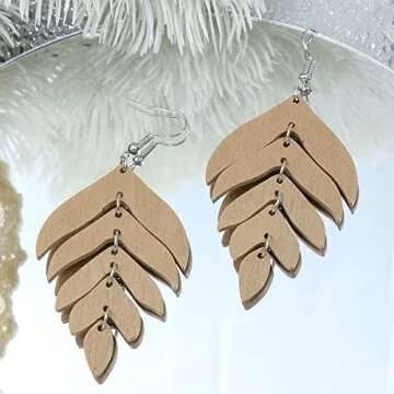 Nature Wooden Leaf Drop Dangle Earrings Wood Palm Leaves for Women Handmade Lightweight Bohemian Summer Tropical Plant Ethnic Jewelry-Green
