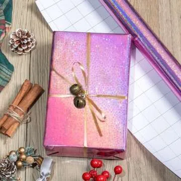 Burymento Pink Wrapping Paper Roll, Metallic Holographic Star Gift Wrap for Birthday, Valentines, Mothers day, Graduation, Wedding, Fathers day, Baby Shower, Christmas (17 IN x 32.8 FT)