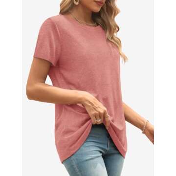 ATHMILE Womens Short Sleeve Round Neck Shirts Summer Top Fashion Basic Tee Pink