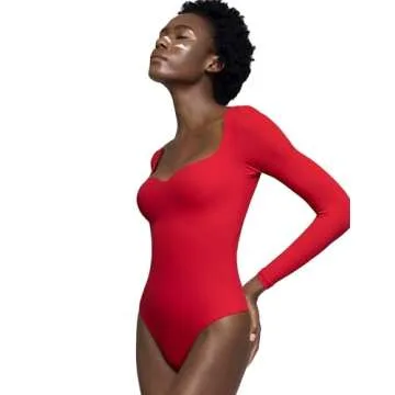 PUMIEY Bodysuits for Women Long Sleeve Sweetheart Neck Body Suits T Shirt Tops, Ruby Large