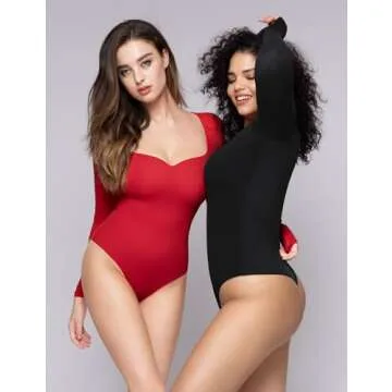PUMIEY Bodysuits for Women Long Sleeve Sweetheart Neck Body Suits T Shirt Tops, Ruby Large