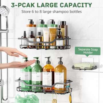 OMAIRA Shower Caddy 3-Pack, Adhesive Shower Organizer with Soap Holder, Rustproof No Drilling Shower...