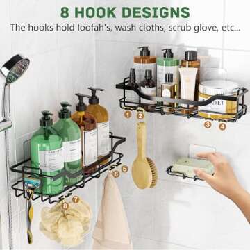 OMAIRA Shower Caddy 3-Pack, Adhesive Shower Organizer with Soap Holder, Rustproof No Drilling Shower Shelves for Inside Shower Bathroom Organizer and Storage, Black(Large)