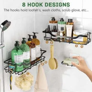 OMAIRA Shower Caddy 3-Pack, Adhesive Shower Organizer with Soap Holder, Rustproof No Drilling Shower Shelves for Inside Shower Bathroom Organizer and Storage, Black(Large)