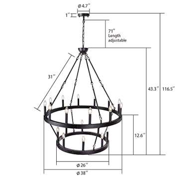 Wellmet Black Wagon Wheel Chandelier 2 Tier, Large Farmhouse Round Pendant Light Fixture Industrial ...