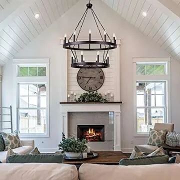 Wellmet Black Wagon Wheel Chandelier 2 Tier, Large Farmhouse Round Pendant Light Fixture Industrial Chandelier Lighting, H43.3 x D38 with Adjustable Chain