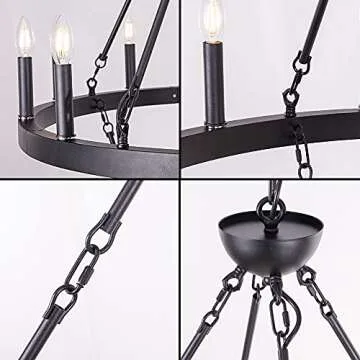 Wellmet Black Wagon Wheel Chandelier 2 Tier, Large Farmhouse Round Pendant Light Fixture Industrial Chandelier Lighting, H43.3 x D38 with Adjustable Chain