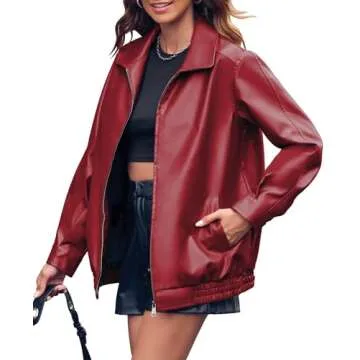 Miladusa Womens Oversized Leather jacket Lapel Bomber Coat Classic Casual Zip Up Warm Fall Winter Clothing 2024 Dark Red XL